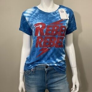 CHASER Blue Tie-Dye Rebel Graphic T-Shirt SS Lightening Bolt XS David Bowie Top
